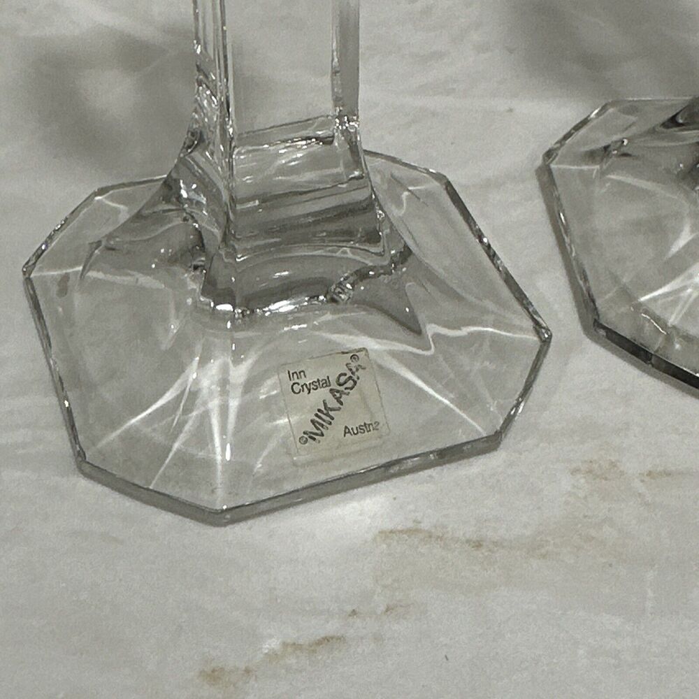 Vintage MCM Mikasa Hyde Park Clear Crystal Art Deco Taper Candle Holders Set 2 - Picture 6 of 9